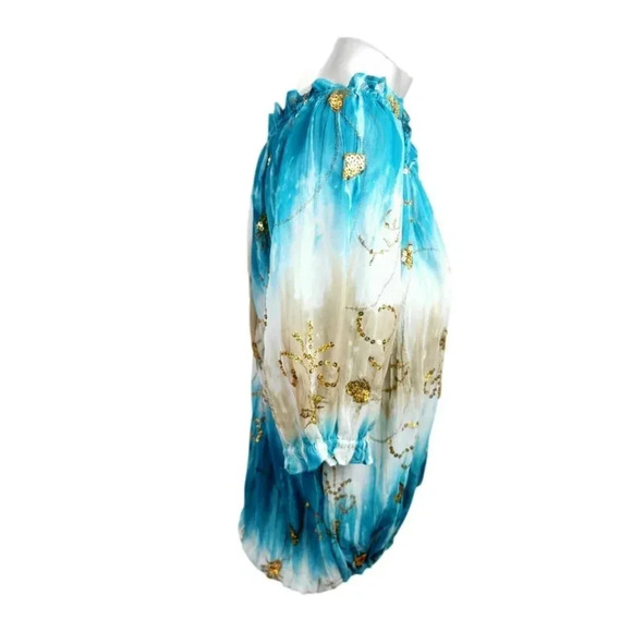 Nygard Off Shoulder  Blouse Sz 16 Blue White Gold Peasant Glamour - Picture 3 of 6
